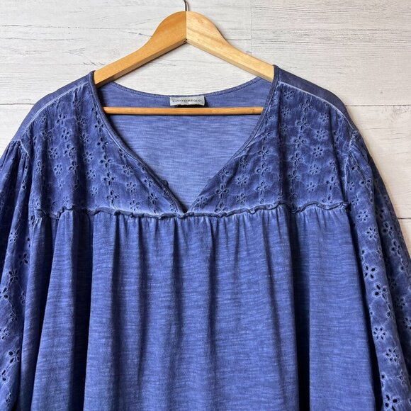 Catherines Top Womens Size 4XL Blue Eyelet Balloon Sleeve V Neck Blouse Peasant - Picture 8 of 13